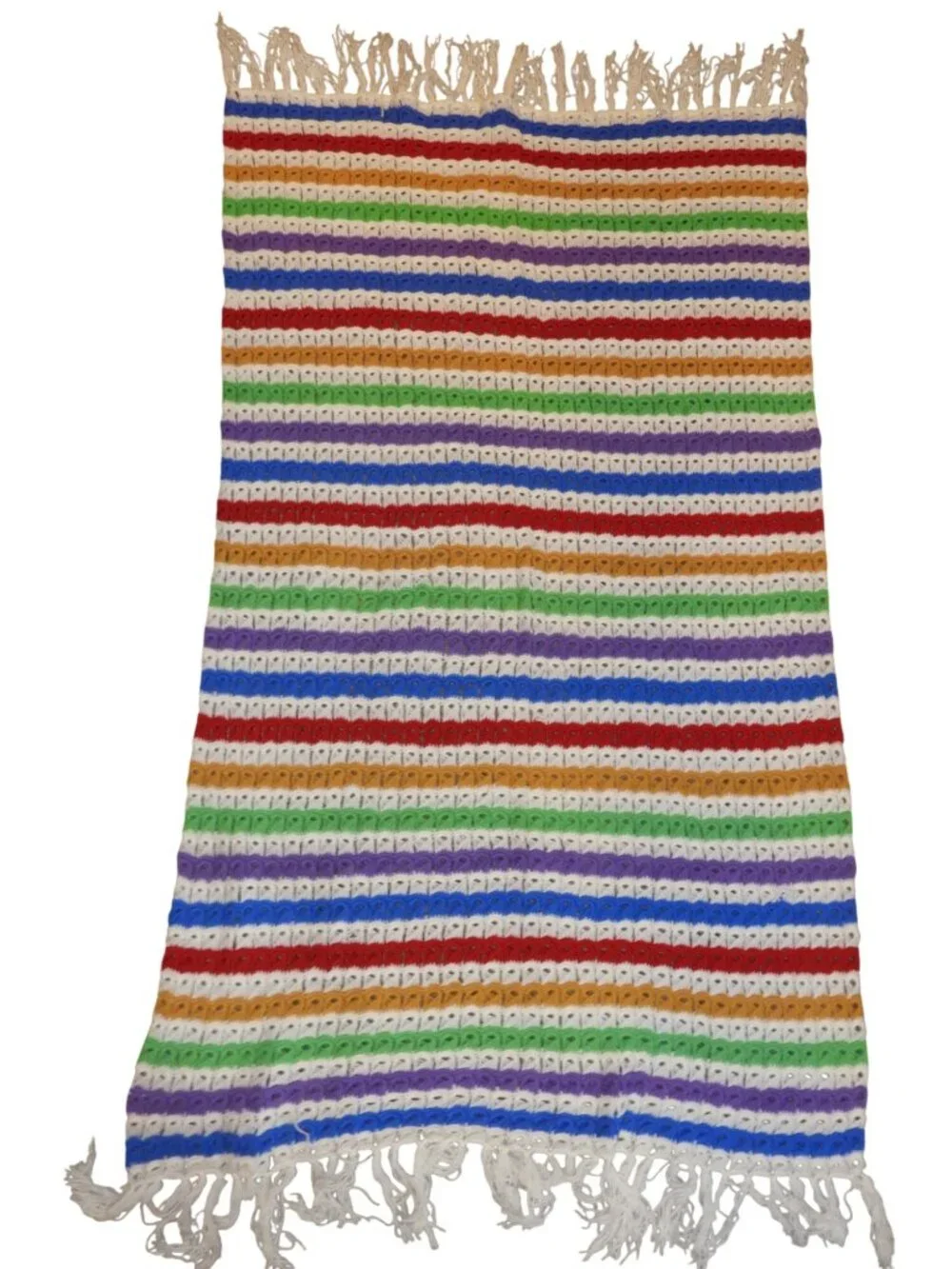 Vintage 1970s Broomstick Lace Colorful Rainbow Stripe Throw Blanket  44
